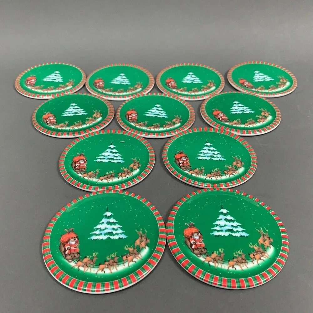Round Coasters Christmas Santa Sleigh Tree Green Red Multi-Color Lot of 11